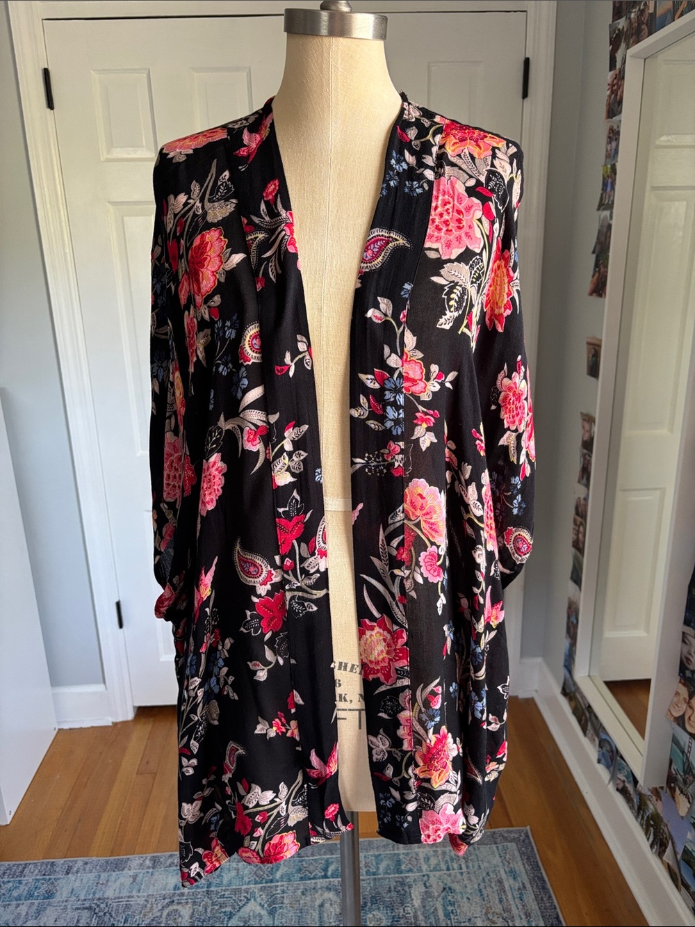 LOFT Black Floral Open Kimono Cardigan with Pink & Coral Blooms